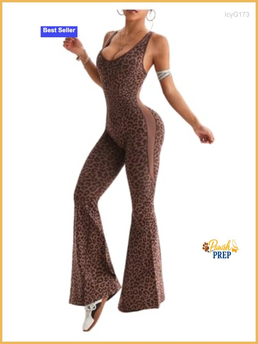Sleeveless Leopard Print Flare Leg Yoga Jumpsuit Women's Backless Scoop Neck
